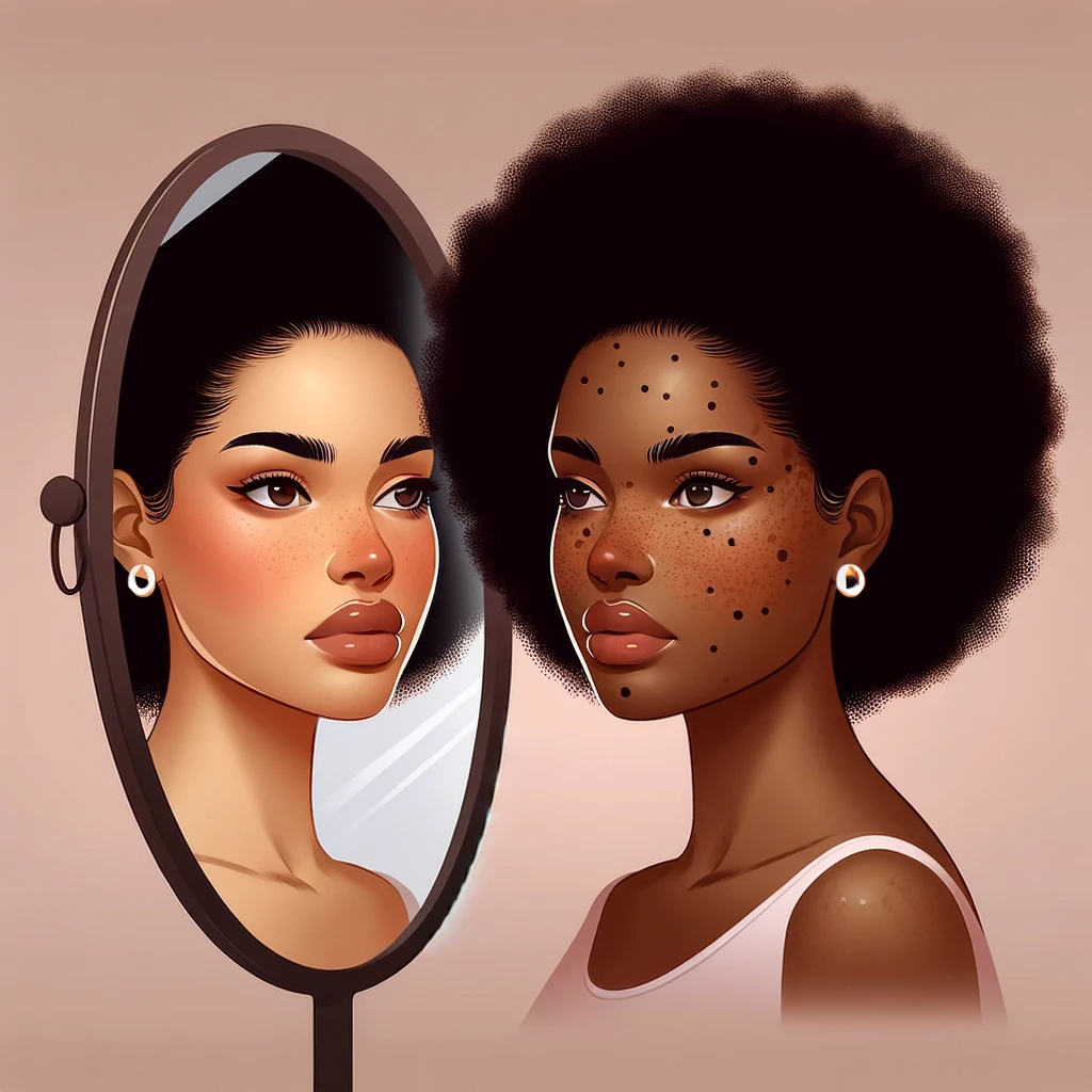 AI prompt : A lady standing in front of a mirror. On one side of the reflection, she appears with makeup, looking flawless. On the other side, she appears natural, with visible freckles and moles, looking at her perfect reflection. (Created using Dall-E 3)