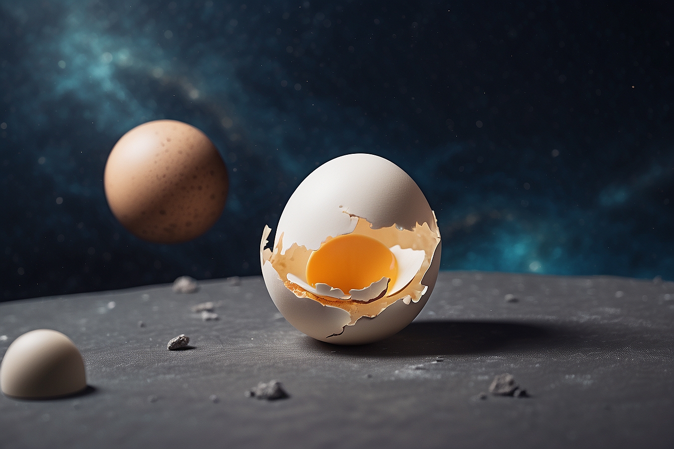 Image generated by AI. The prompt: &quot;A cracked eggshell floating away in outer space&quot;