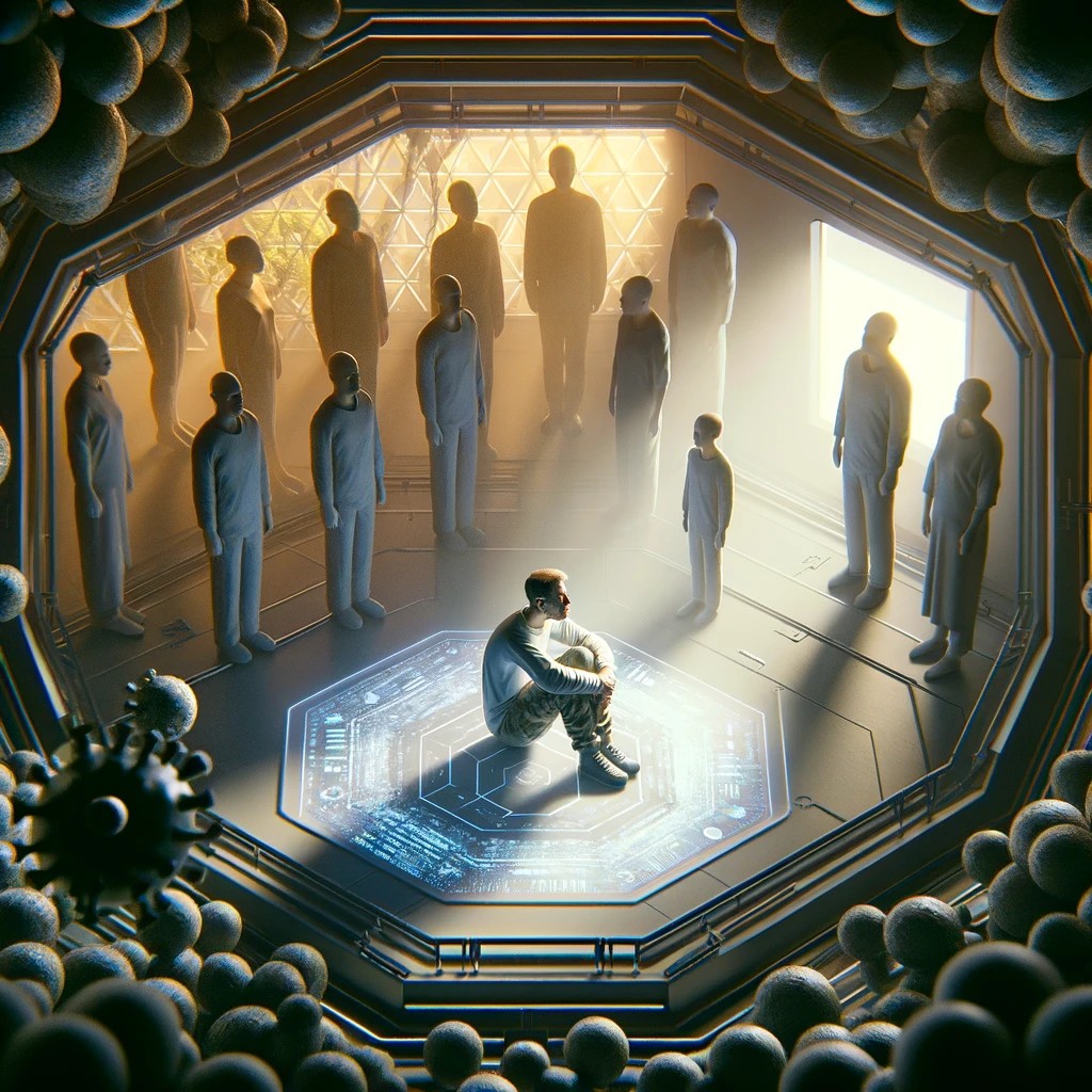 AI Prompt : An overwhelmed person in a confined space, surrounded by people and viruses